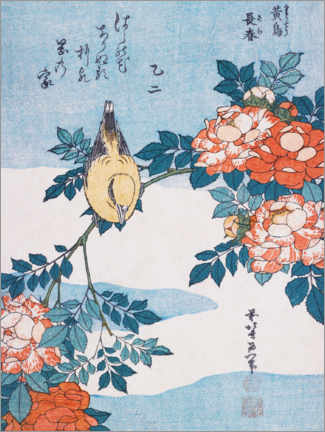 Poster  Fauvette et roses - Katsushika Hokusai