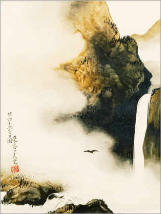 Poster Paysage avec cascade et oiseau