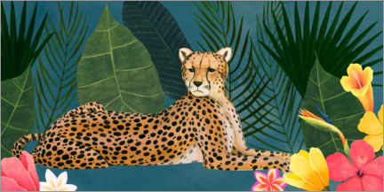 Poster  Guépard dans la mer tropicale de fleurs - Grace Popp