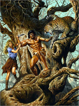 Tableau en verre acrylique  Tarzan protects Jane from the leopard - Joe Jusko