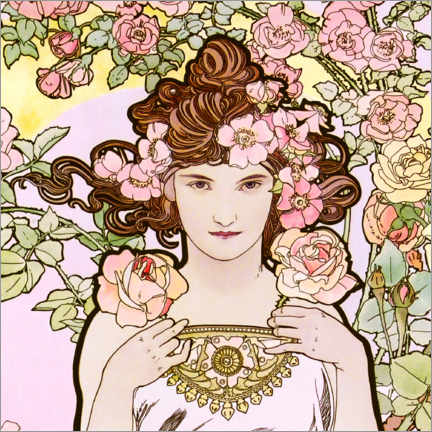 Poster  Les fleurs : La Rose (détail) - Alfons Mucha