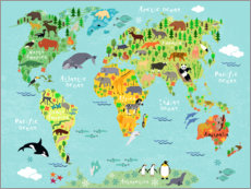 Poster Mappemonde des animaux (anglais)