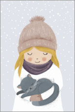 Poster Fille au chat en hiver
