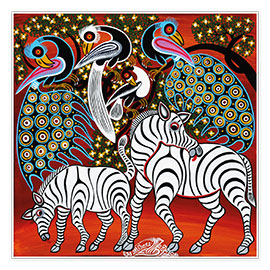 Poster  Zebras with peacock - Mzuguno