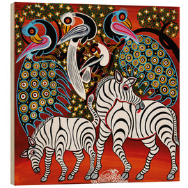 Tableau en bois  Zebras with peacock - Mzuguno