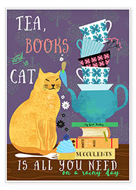 Poster  Tea, books and a cat - Elisandra Sevenstar