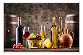 Poster  Vin, raisins, tonneaux et fromage