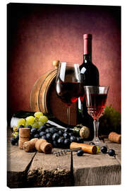 Tableau sur toile  Vin rouge avec des raisins et des bouchons de liège