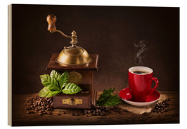 Tableau en bois  Moulin à café et tasse rouge - Elena Schweitzer