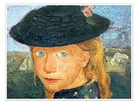 Poster Tête d'une petite fille au chapeau de paille